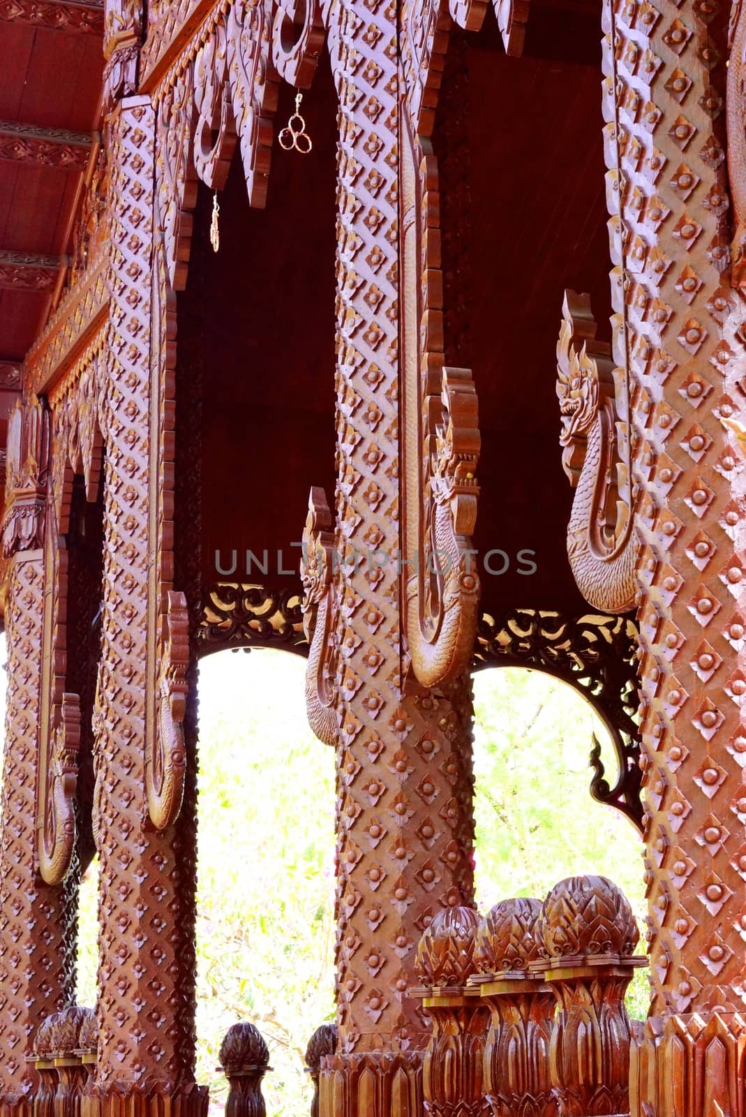 the detail of  handcraft wood carving for decorated temple,showing of thai pattern,Lampang temple,Thailand