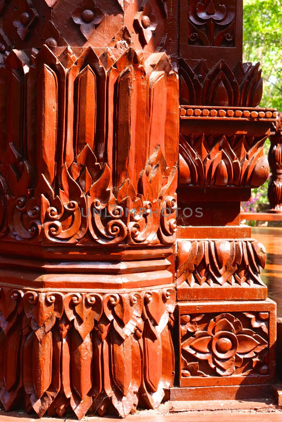 the detail of  handcraft wood carving for decorated temple,showing of thai pattern,Lampang temple,Thailand