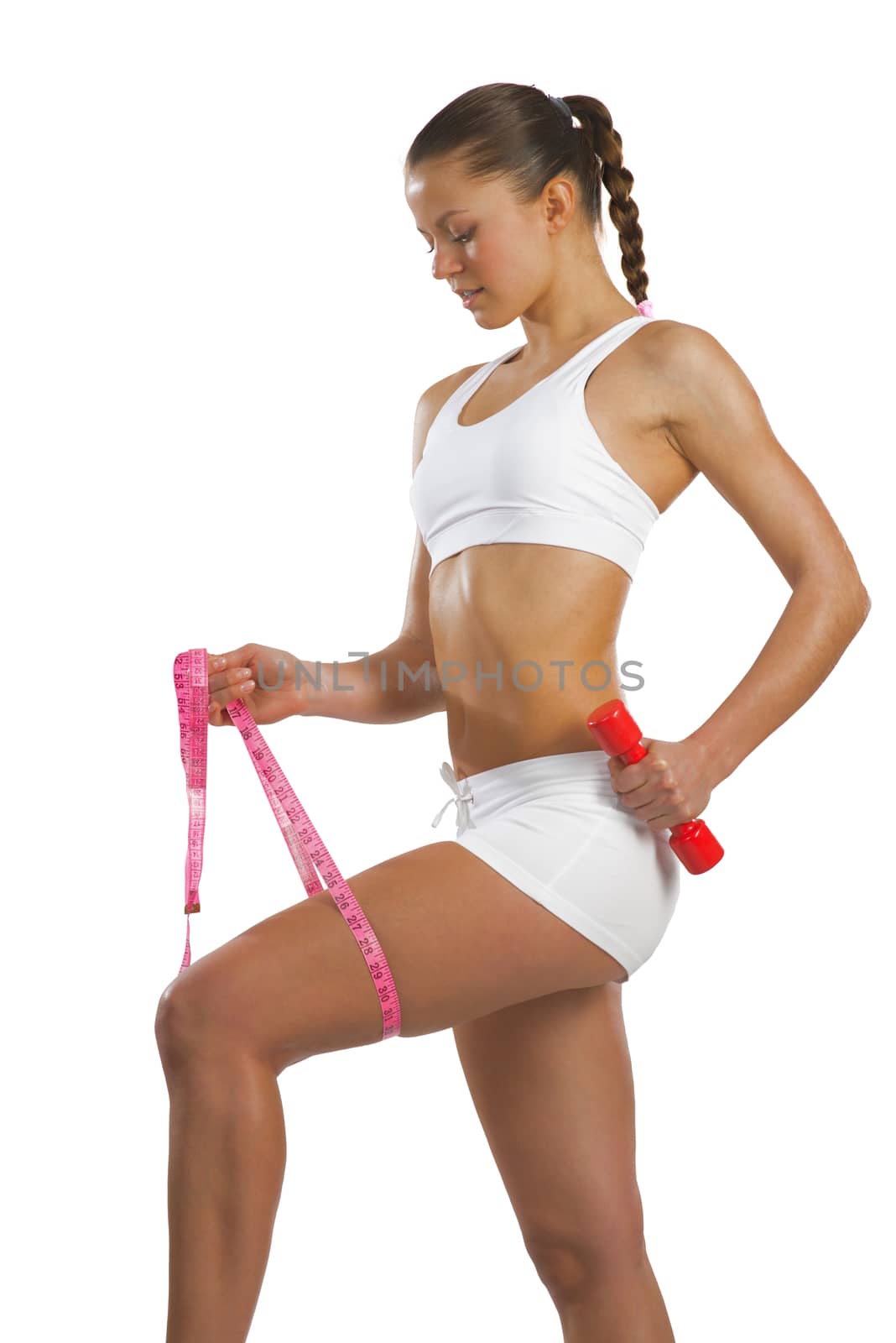image of a young attractive woman with measuring tape and red dumbbells