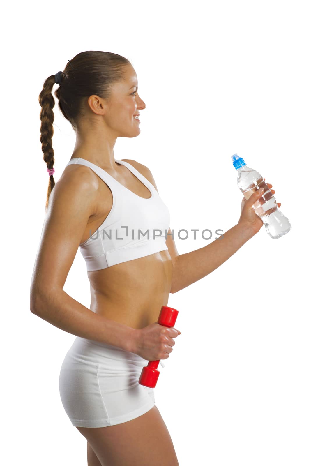 image of a young attractive sporty woman with red dumbbells and water bottle