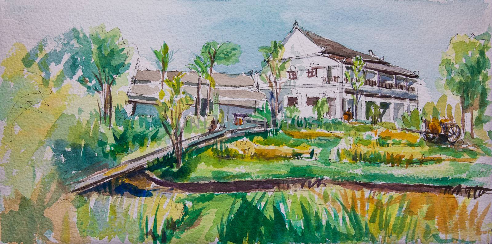 Green rice field in the villa,Gouache color technique on paper