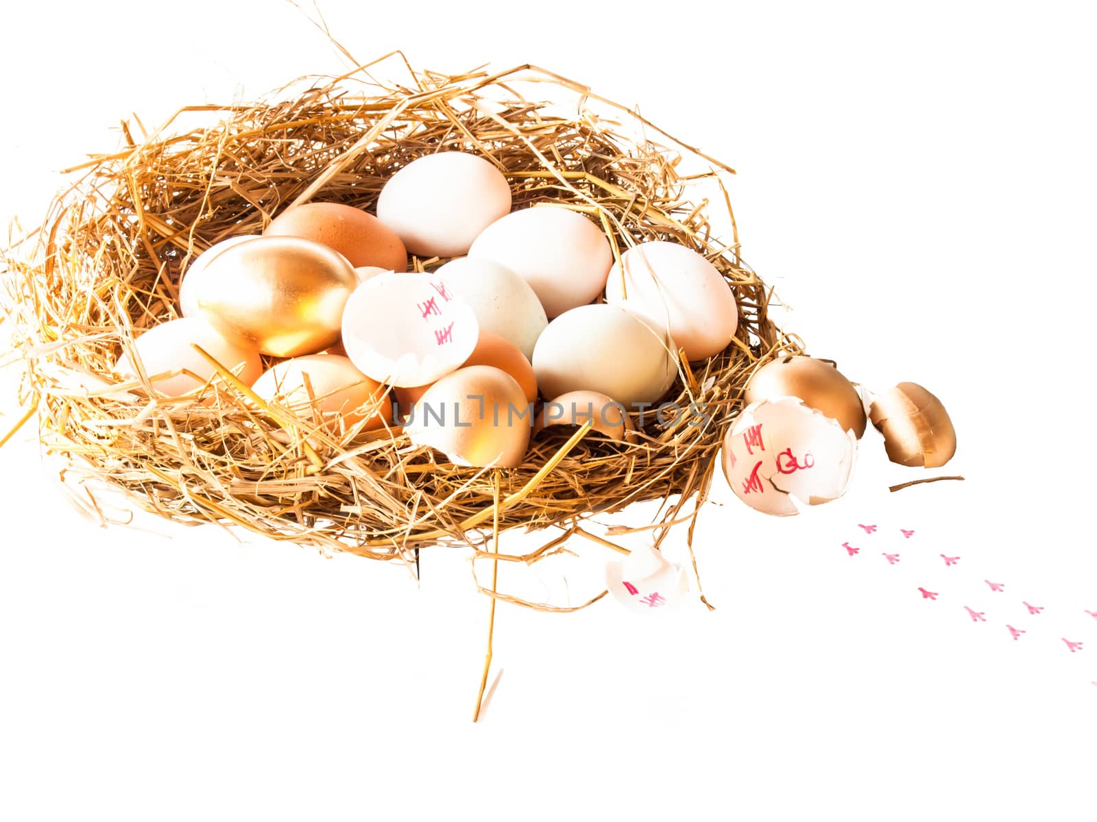 a pile of brown and white and gold eggs in a nest and Broken egg shell isolated on a white background