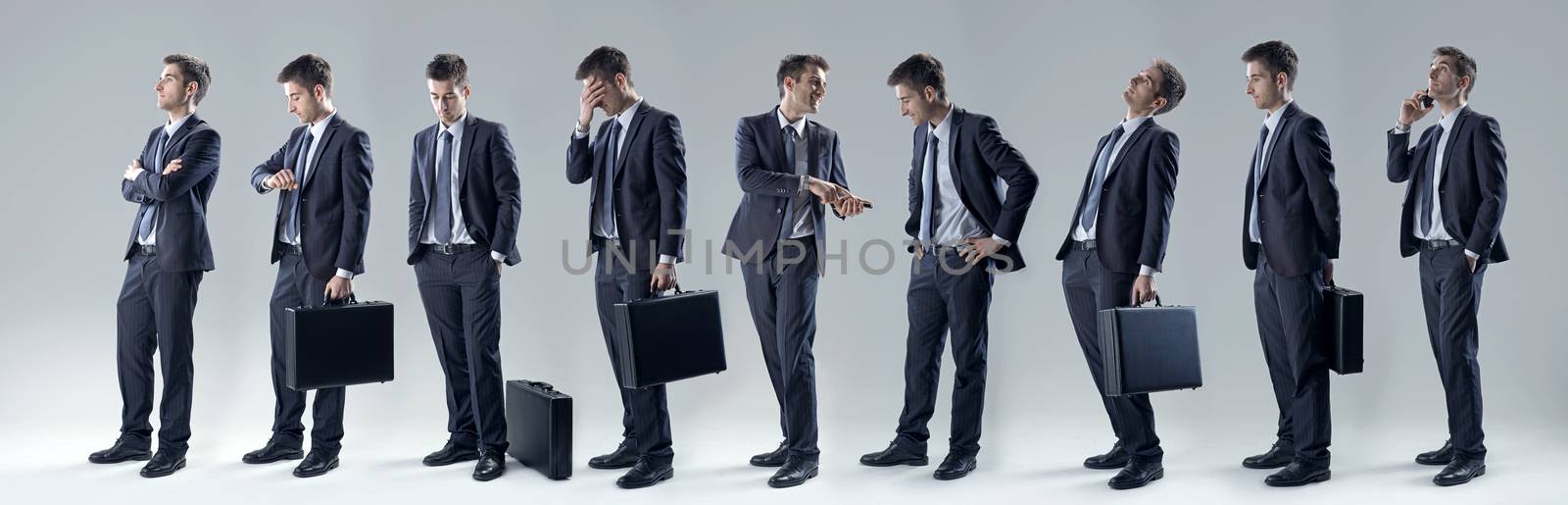 Young handsome businessman, set of poses and facial expressions.