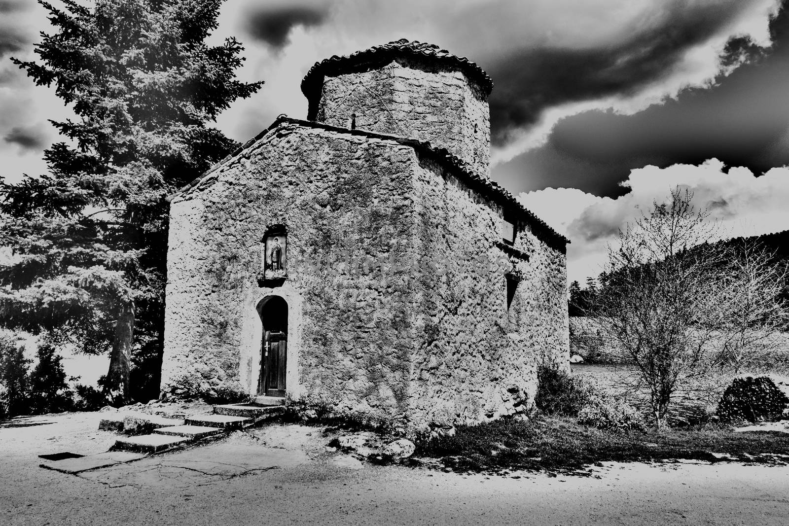 A film noir photo of an orthodox church in the nature