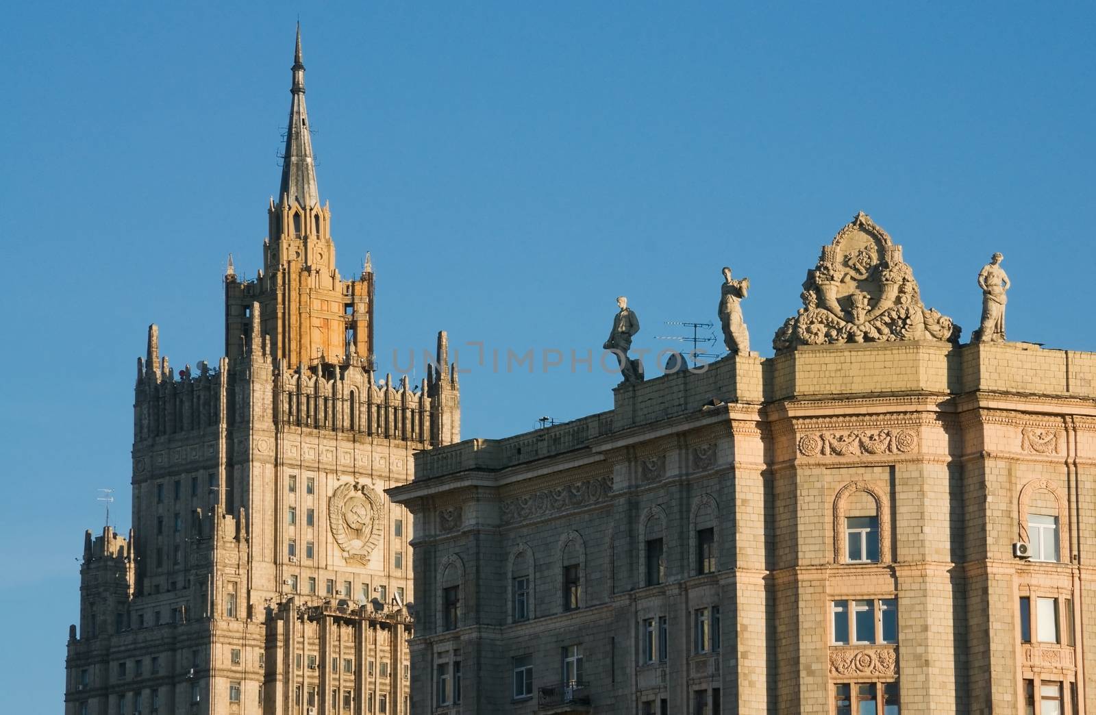 Building of the Ministry of Foreign Affairs of Russia and the sculptures on the roof of the house of the Stalin period
