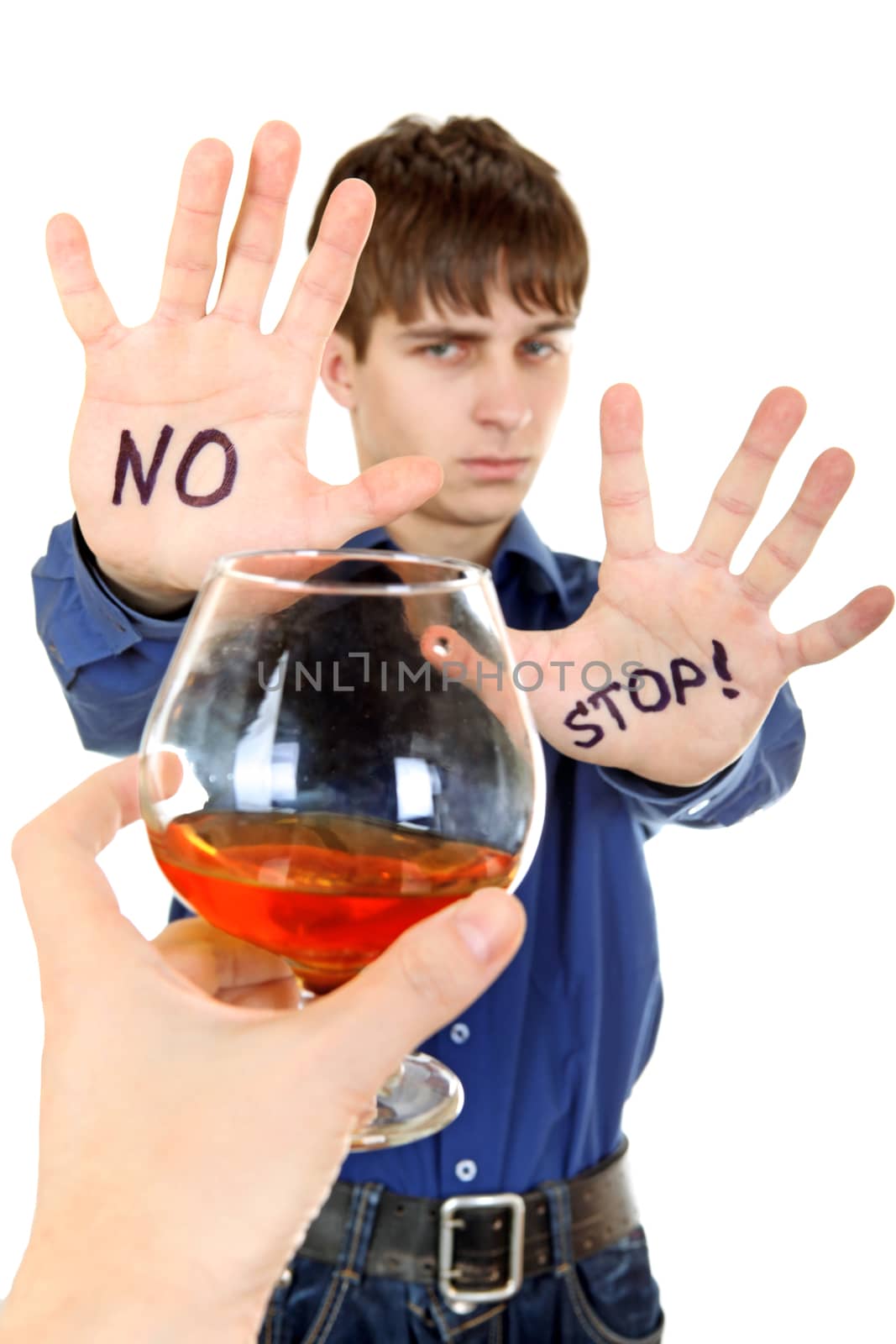 Serious Teenager refuses Alcohol Isolated on the White Background