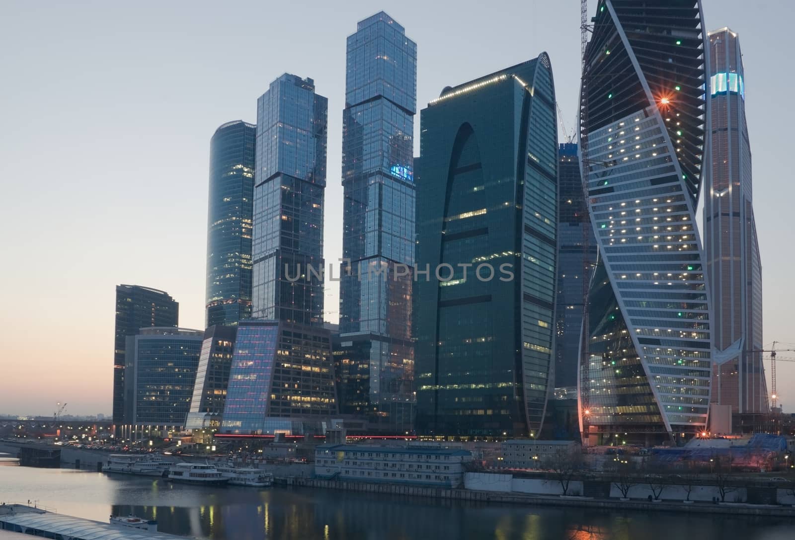 Towers of the Moscow business center in the evening at sunset