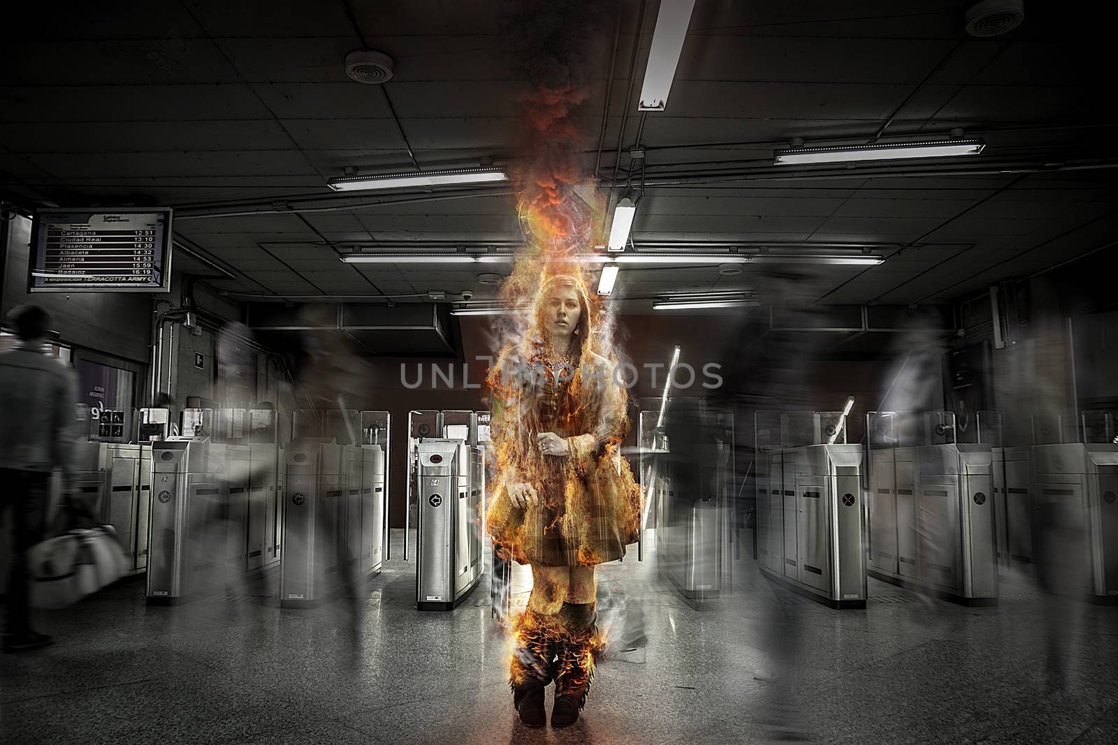 Only, girl on fire in a train station, over time, risk by FernandoCortes