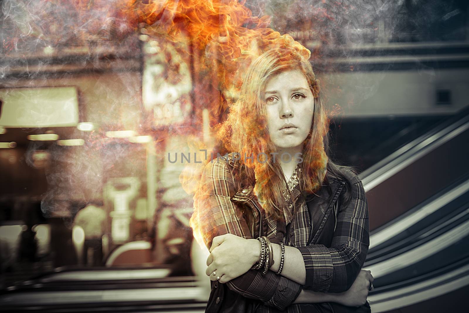 Danger, girl on fire in a train station, over time, risk by FernandoCortes