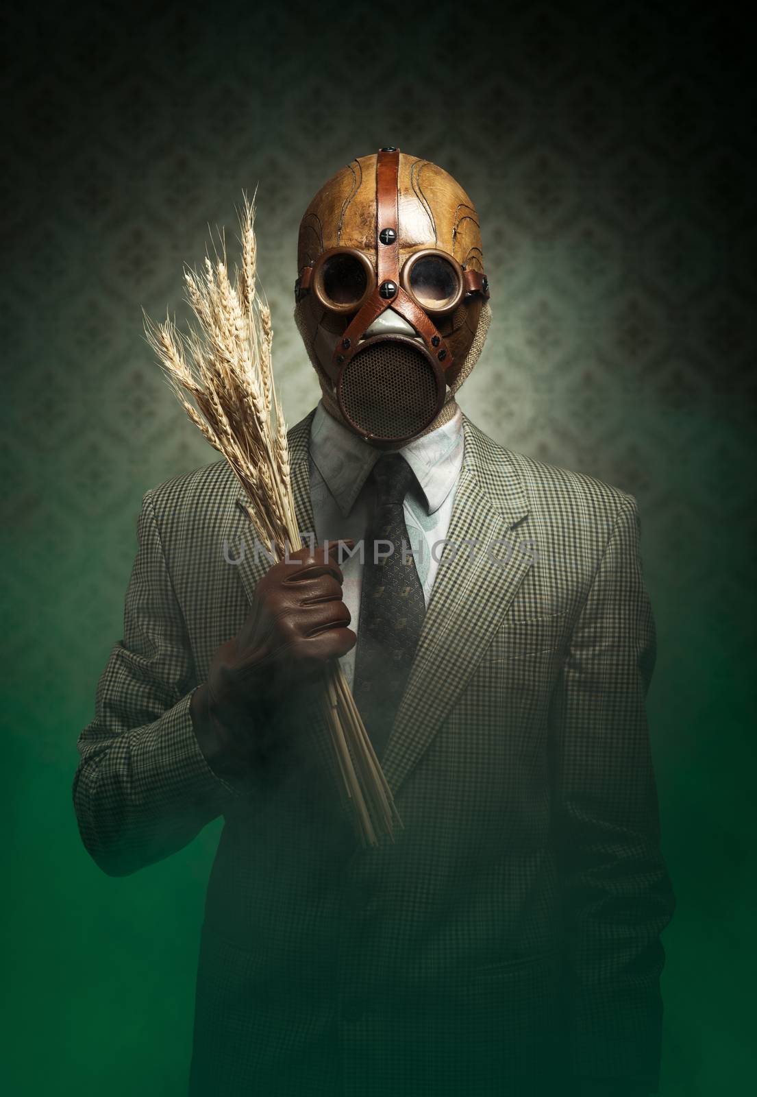 Man wearing a gas mask and holding ears of wheat with toxic smoke on background.
