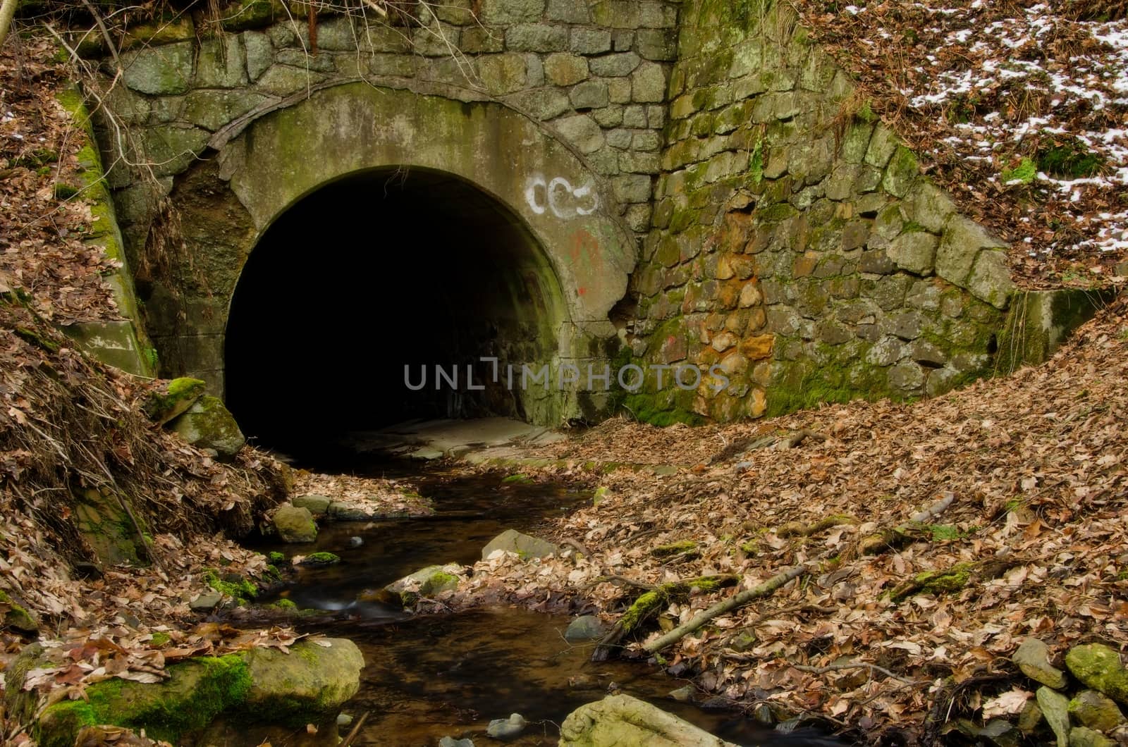 Tunnel wiht stream in witner forest landscape