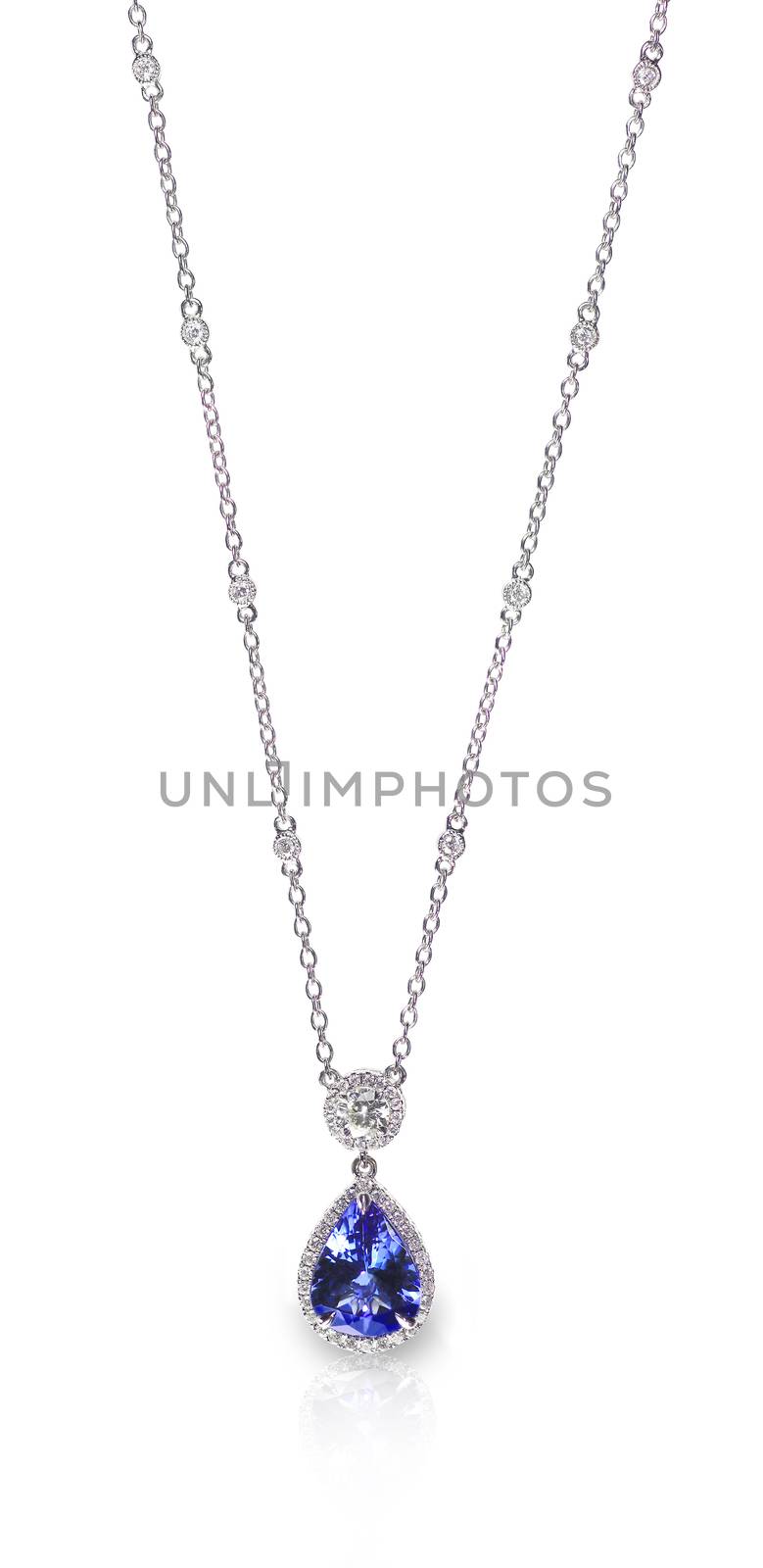 Blue Gemstone and Diamond Pendant Necklace isolated on a white background with a reflection