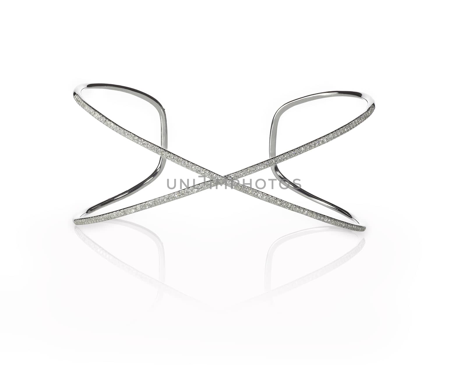 A diamond Cuff bracelet is set on a white isolated background with a reflection