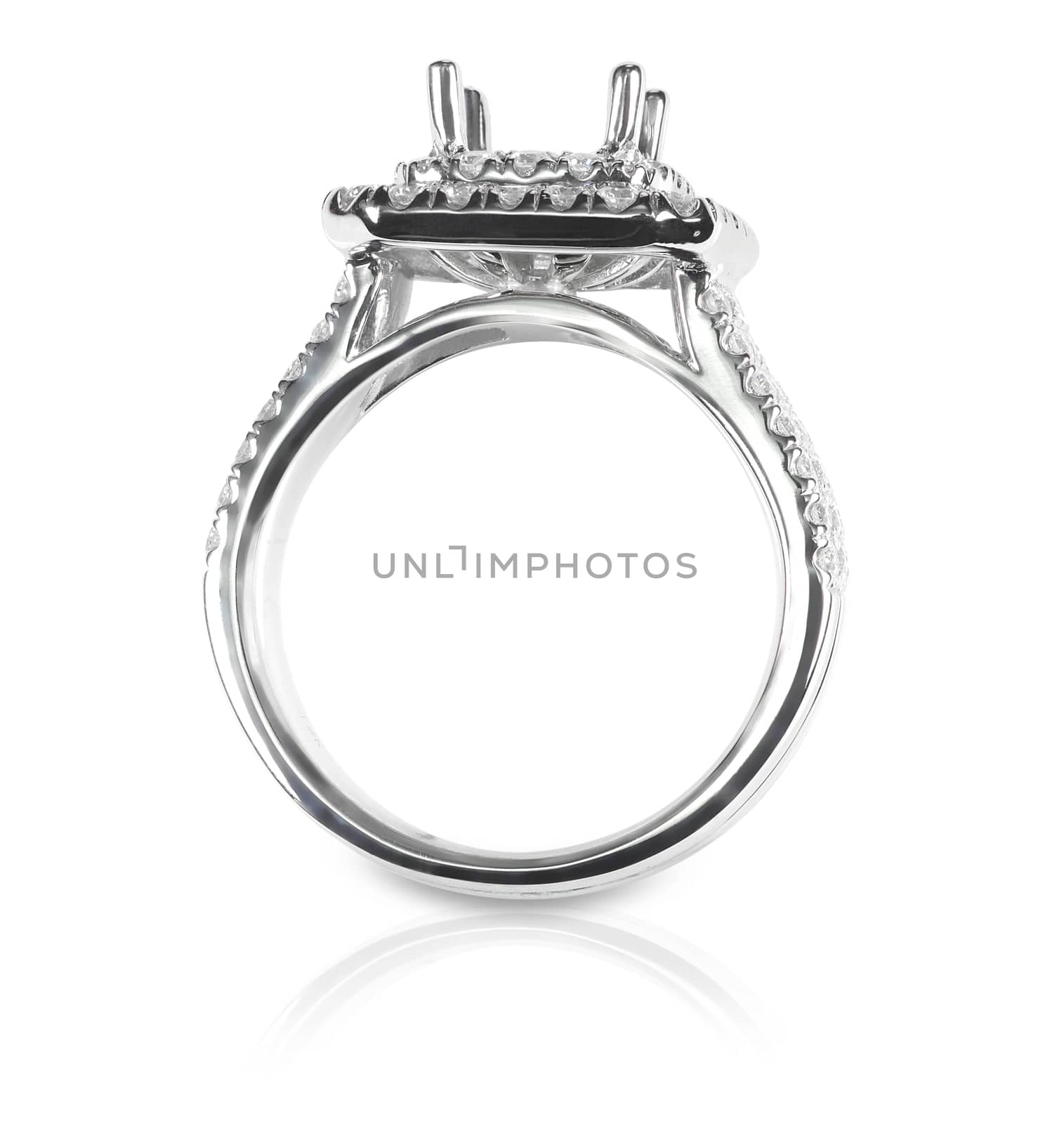 Halo DIamond Engagment Wedding Ring Setting side view. No stone set. Isolated on white.
