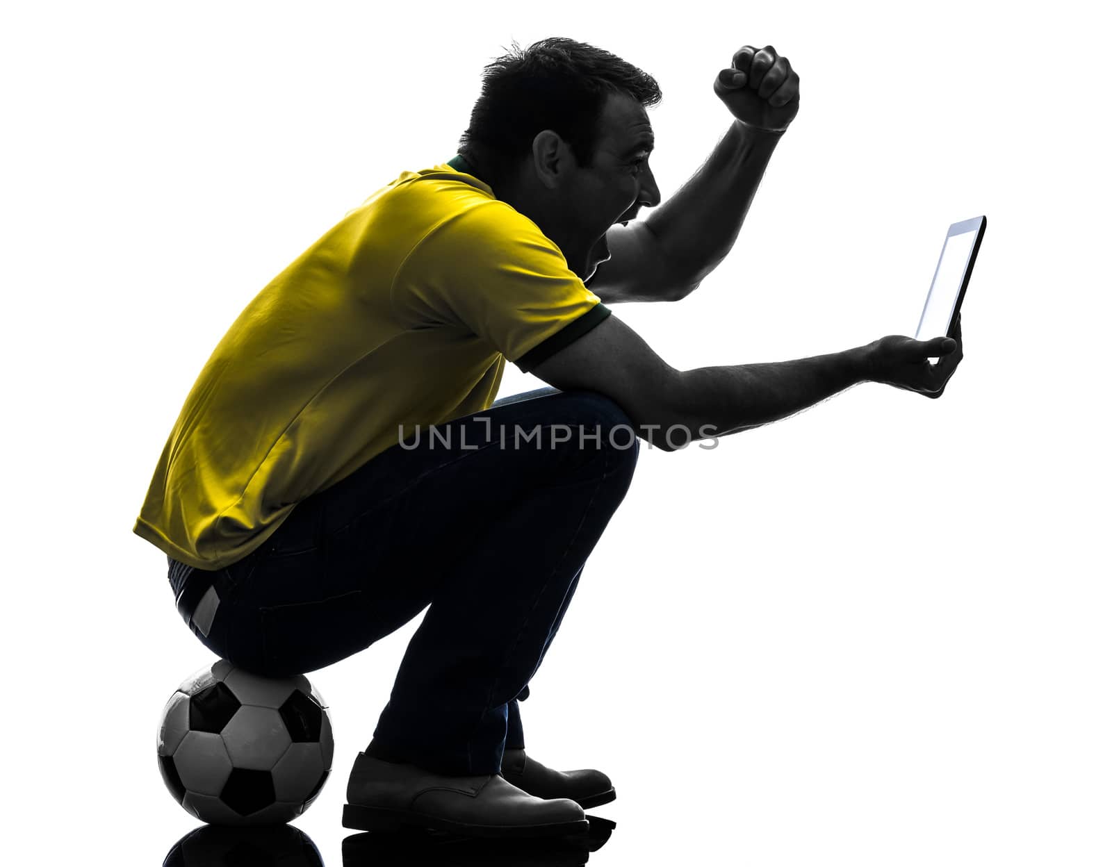 one  man holding digital tablet in silhouette on white background