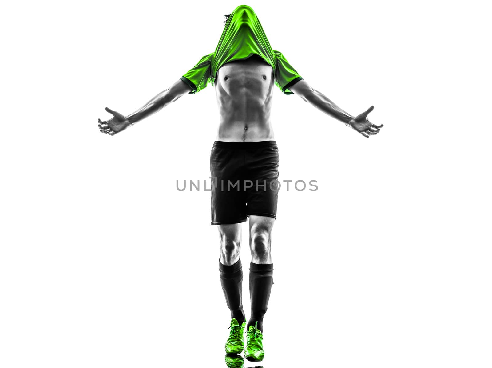 one soccer football player young man happiness joy in silhouette studio on white background