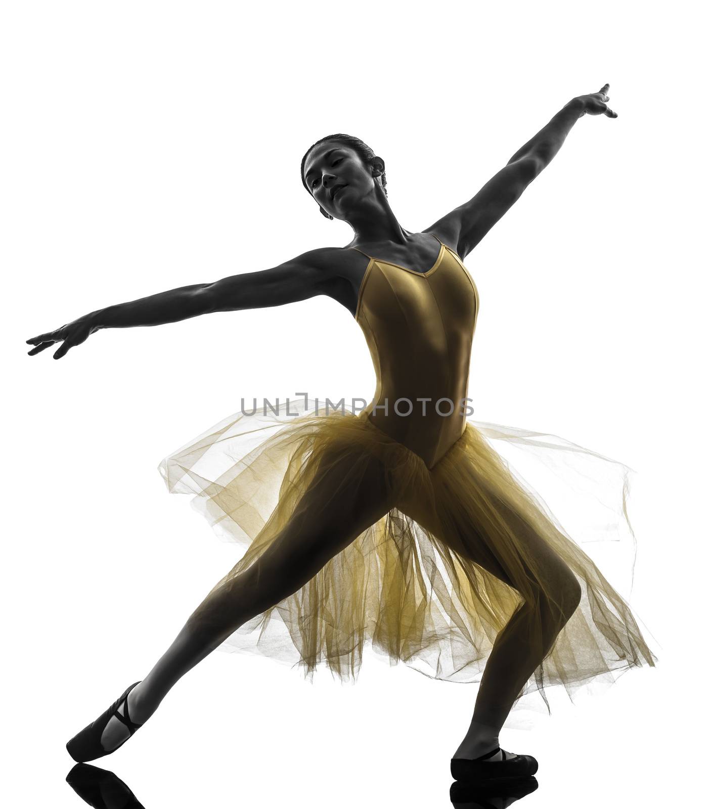 one woman ballerina ballet dancer dancing in silhouette on white background