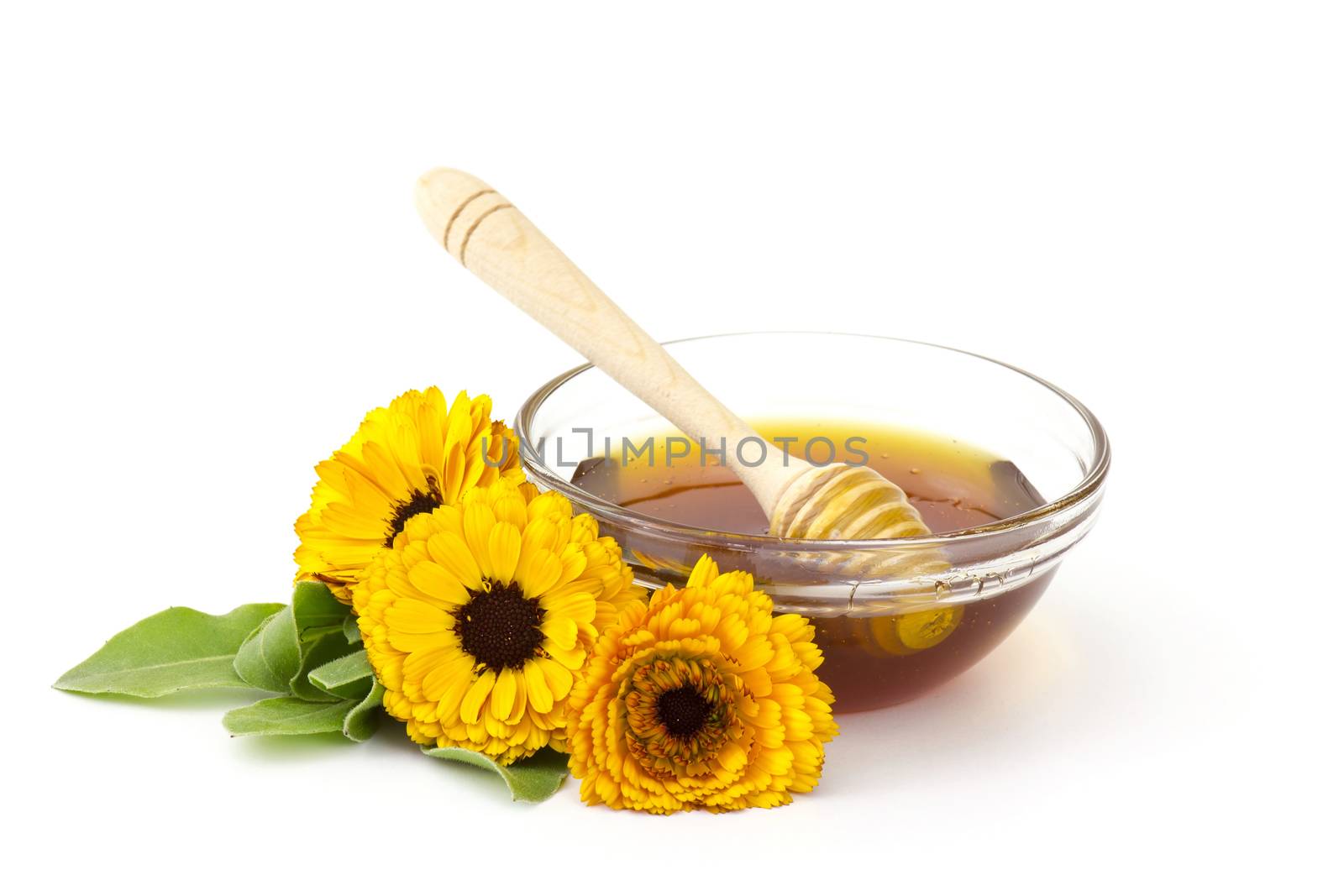 honey and calendula flowers on white background
