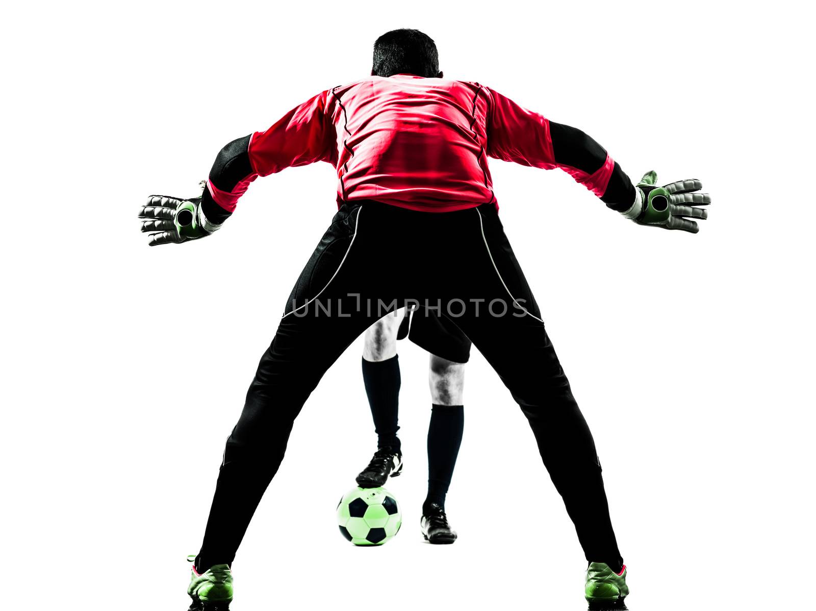 two  soccer player goalkeeper men face to face competition in silhouette isolated white background