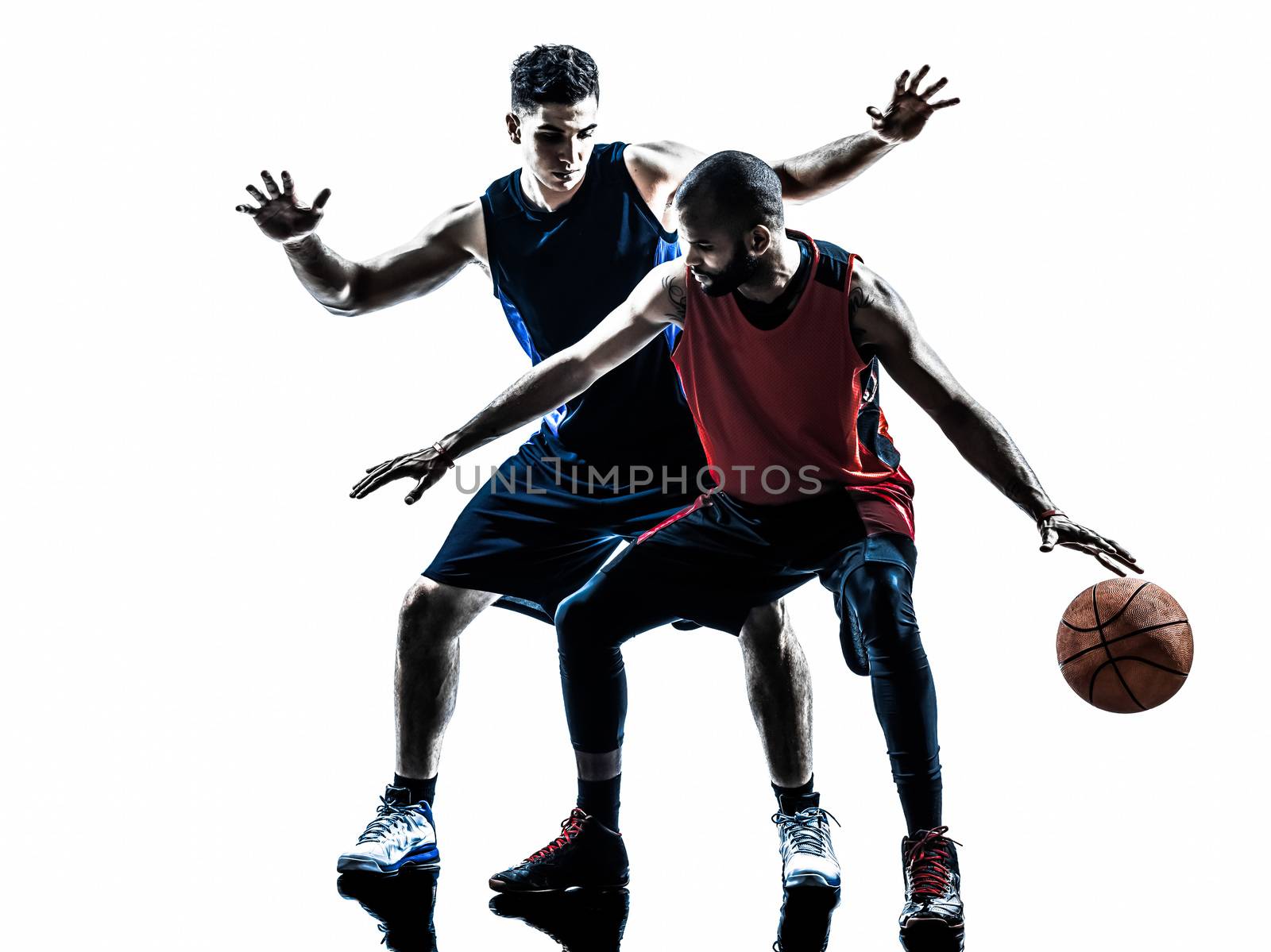 two men basketball players competition in silhouette isolated white background