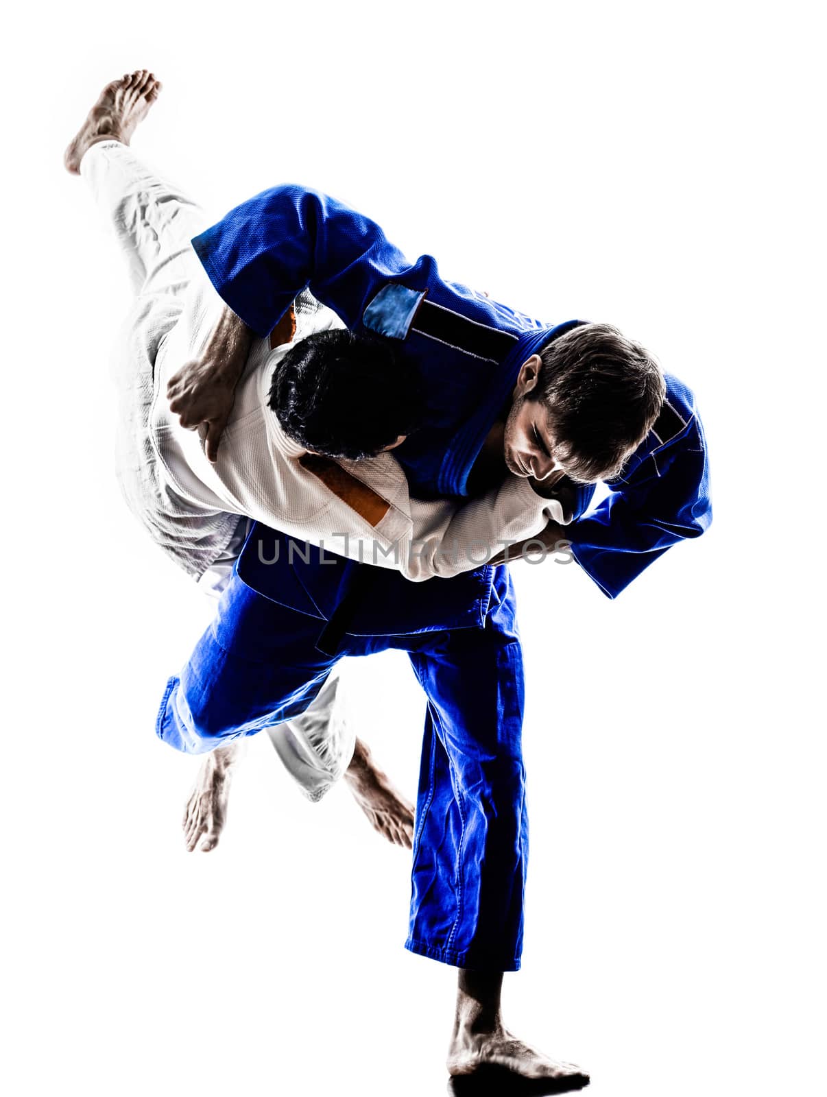 two judokas fighters fighting men in silhouettes on white background