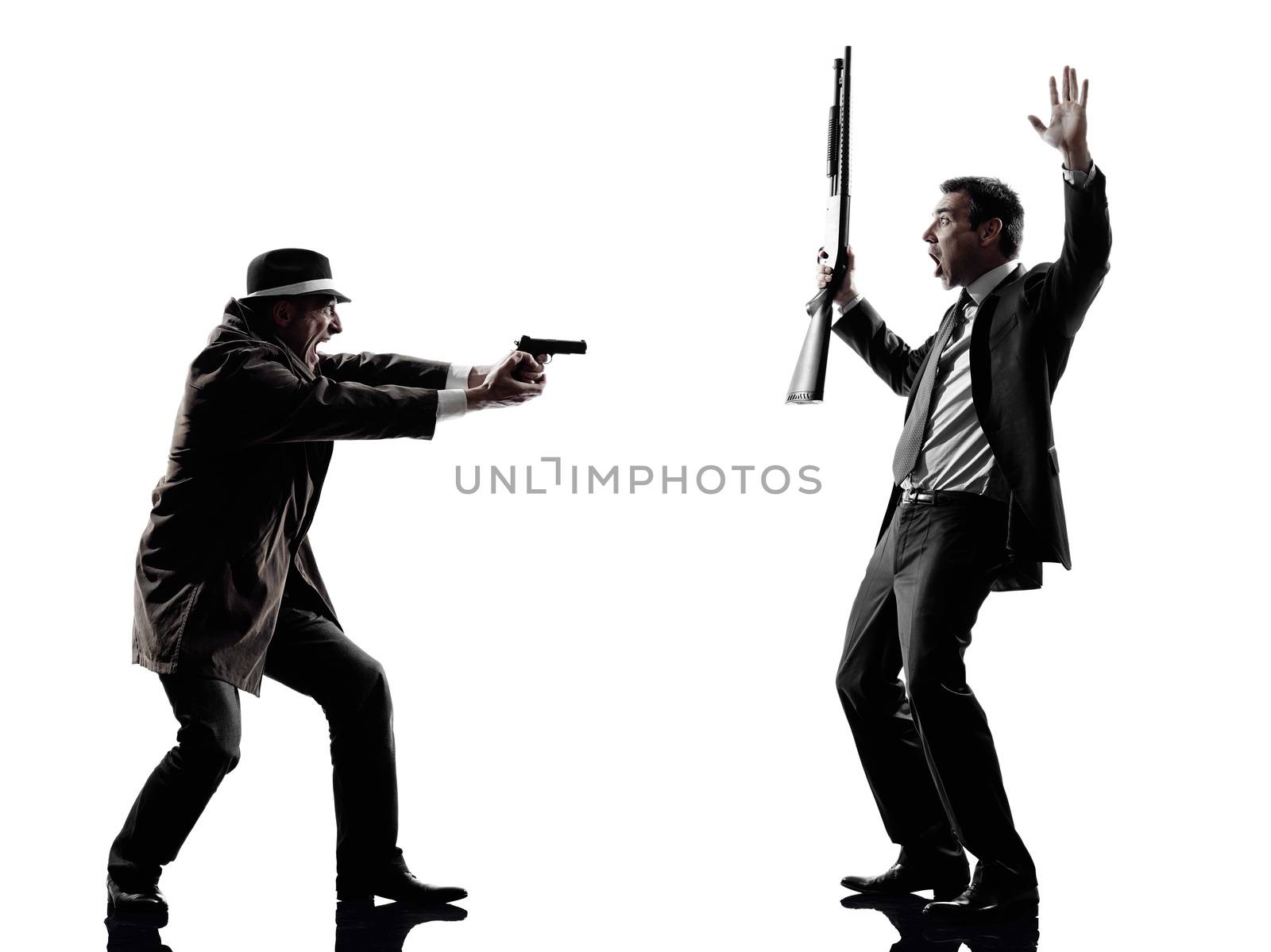one detective man criminals investigations  investigating crime in silhouettes on white background