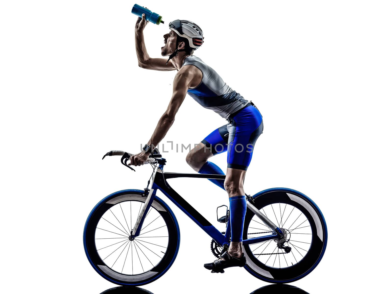 man triathlon iron man athlete bikers cyclists bicycling biking drinking in silhouettes on white background