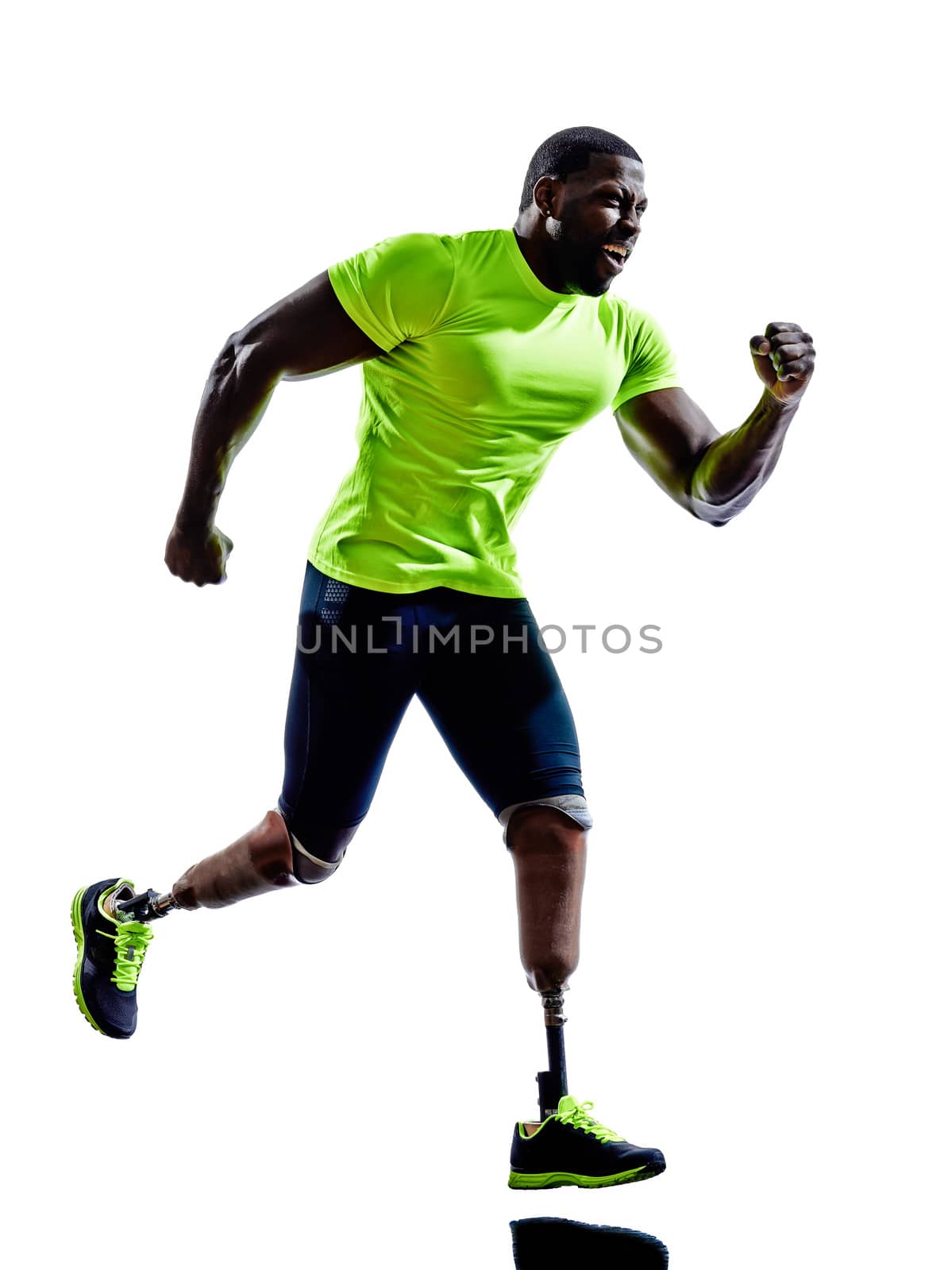 one muscular handicapped man with legs prosthesis in silhouettes on white background