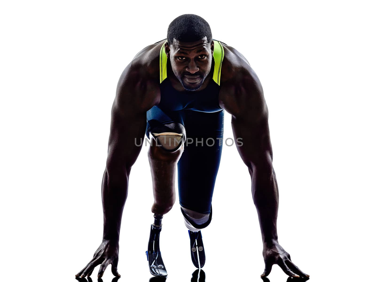 one muscular handicapped man runners sprinters  with legs prosthesis in silhouettes on white background