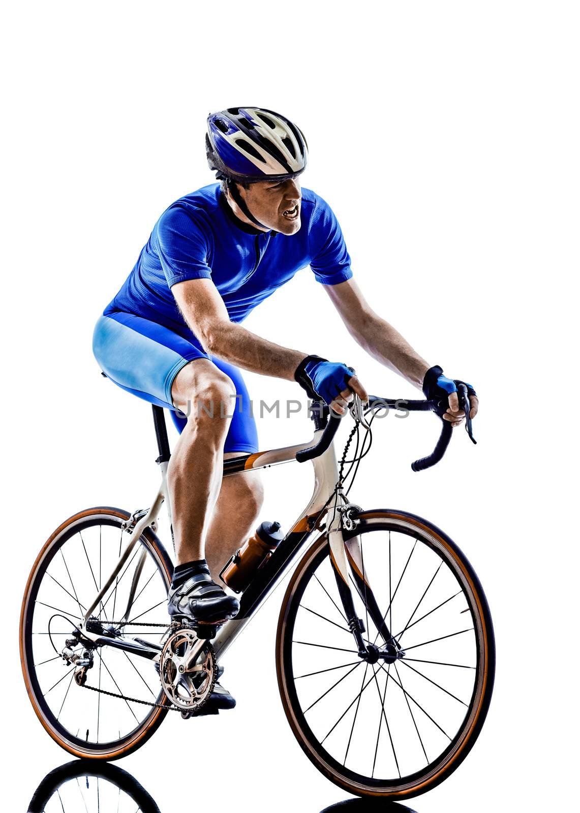 one cyclist road bicycle  in silhouettes on white background