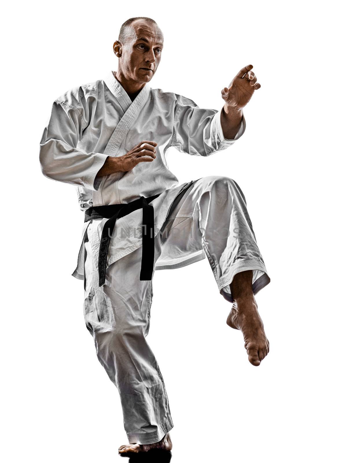 one karate katana training man isolated on white background