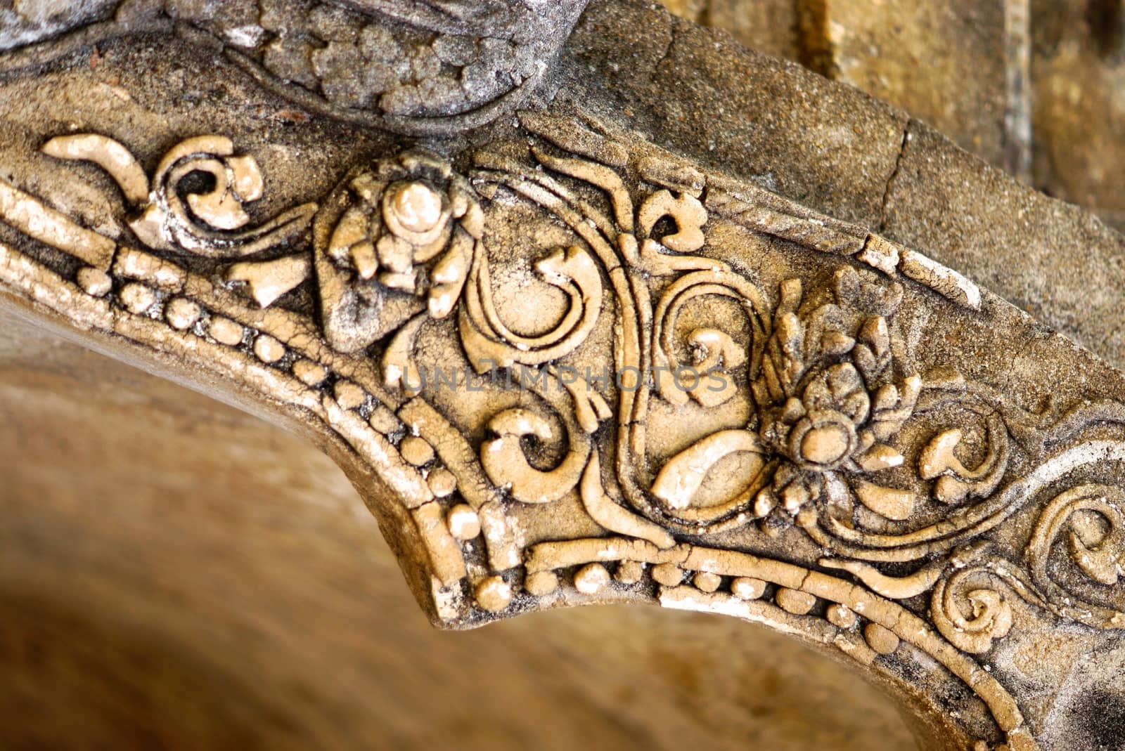 ancient complicated stucco work ,showing traditional thai pattern,shallow focus,Lampang temple,Thailand