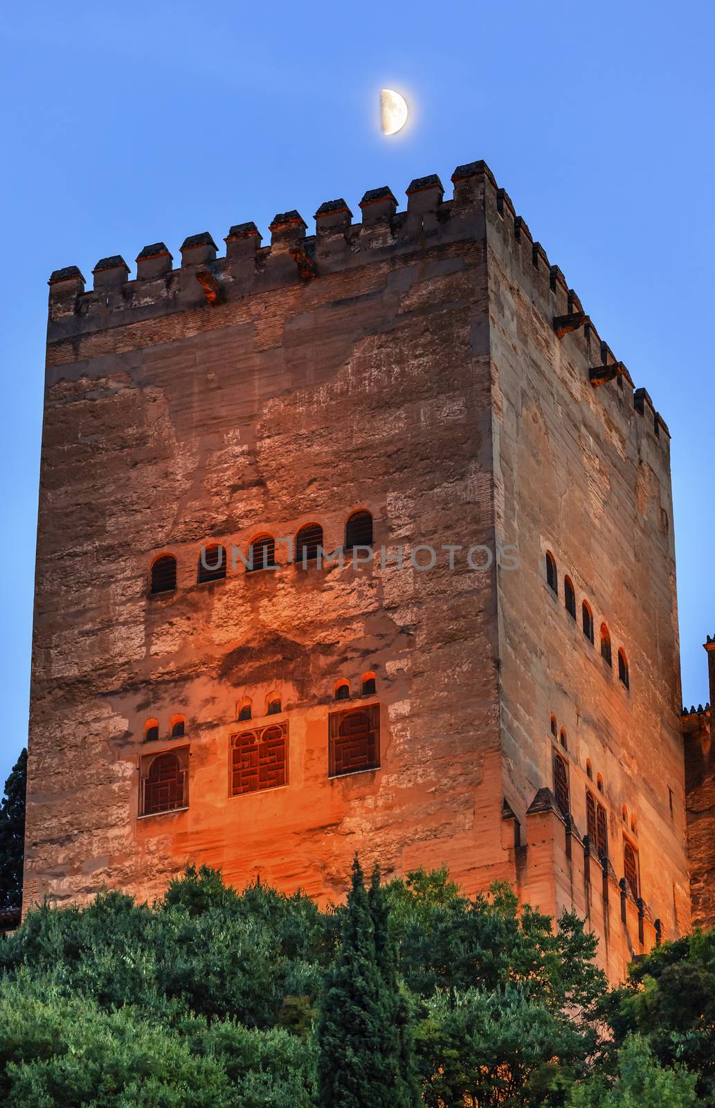 Alhambra Tower Moon Albaicin Granada Andalusia Spain by bill_perry