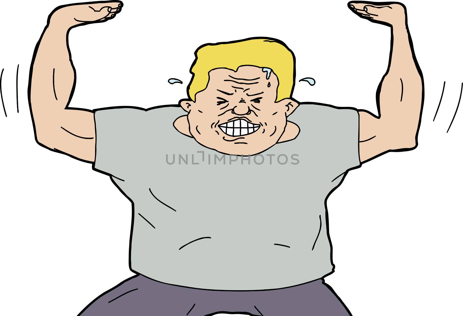 Isolated single strong blond man pushing something upwards