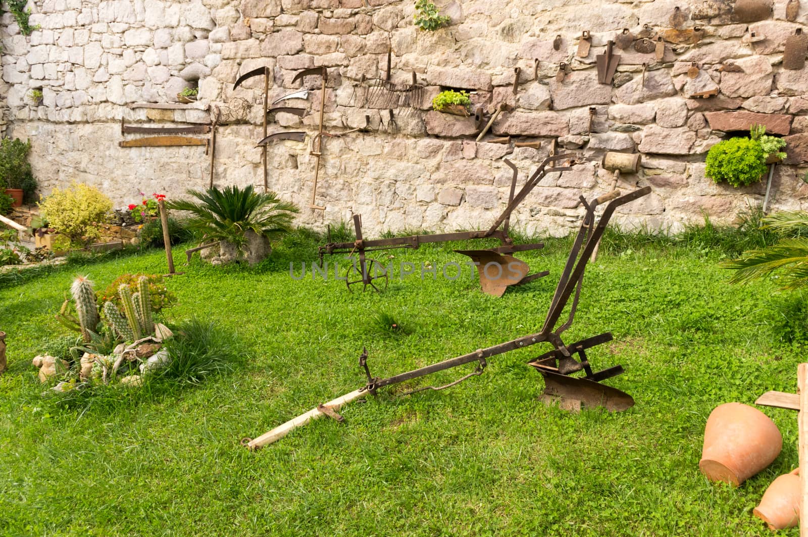 Plow and old gardening tools in a green meadow