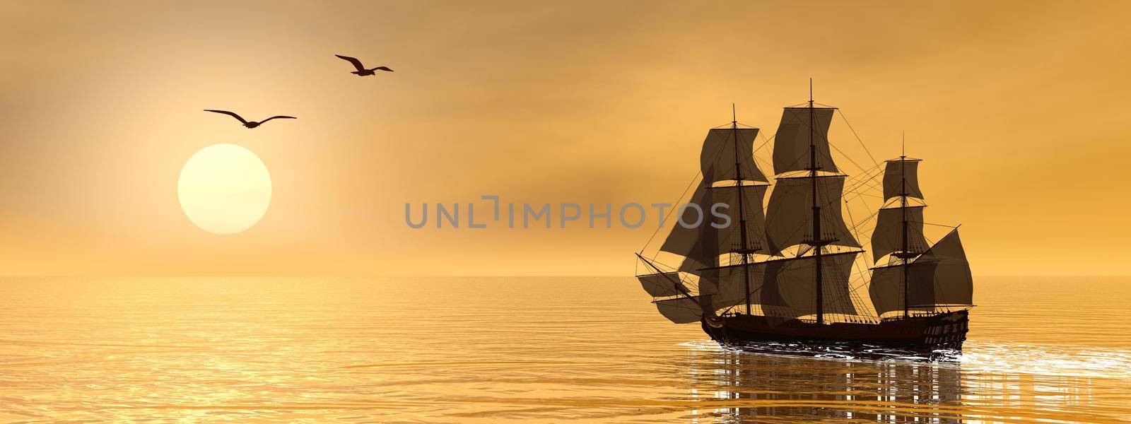 Beautiful detailed old merchant ship next to seagulls by sunset