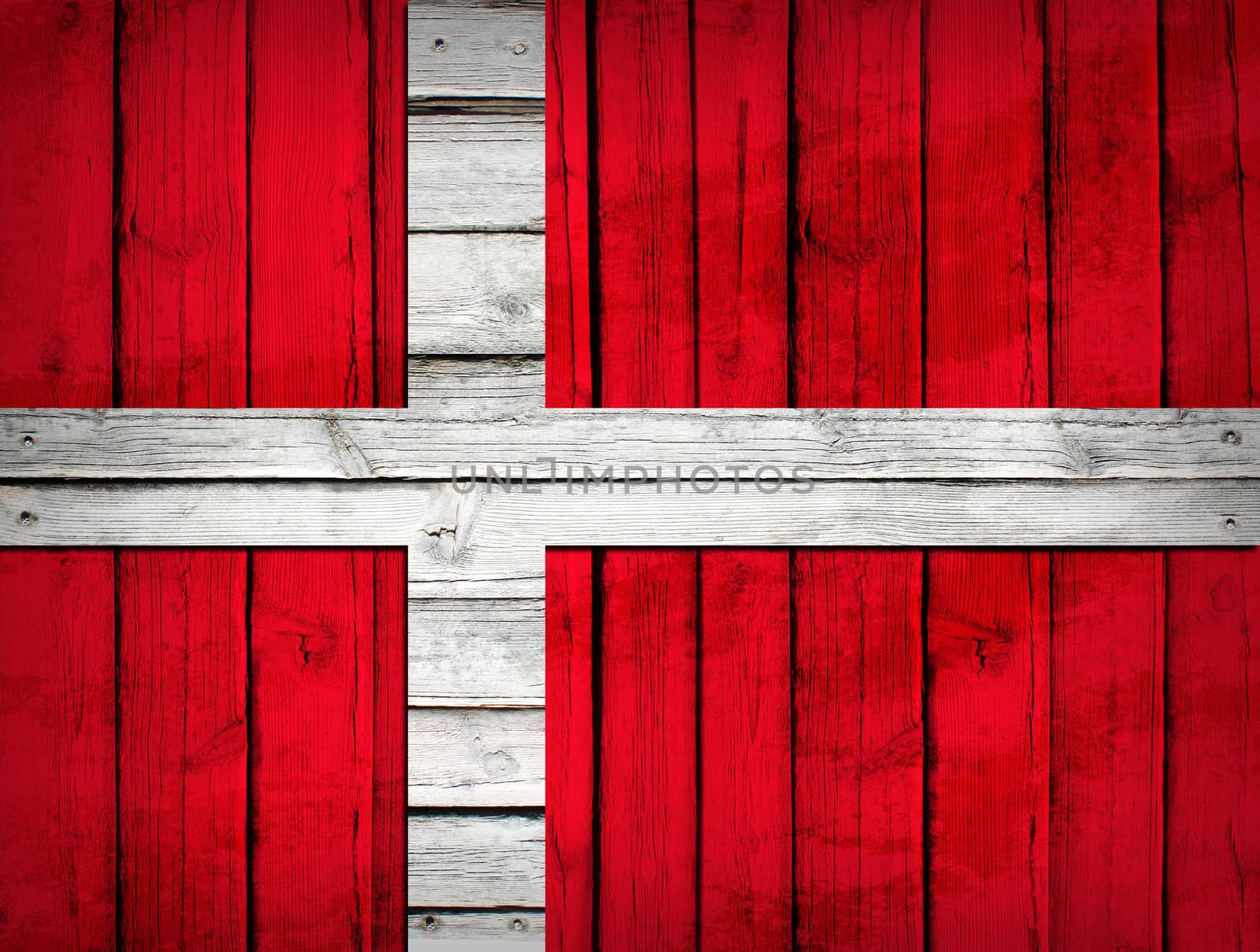 Danish flag painted on wooden boards. Grunge style