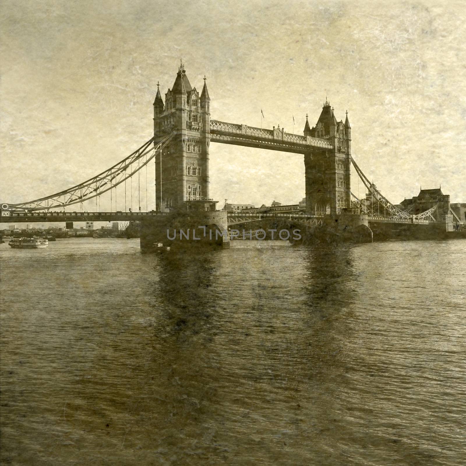 Vintage Antigue Picture of Tower Bridge and the river Thames in London.