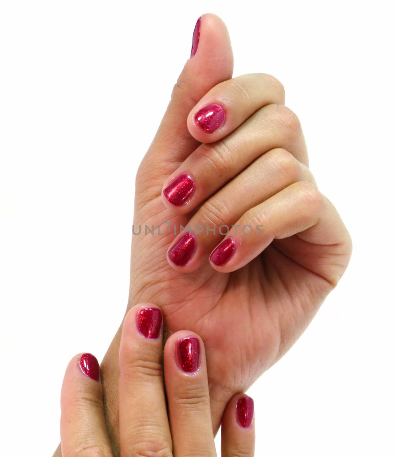 two women hands with red nails on a white background