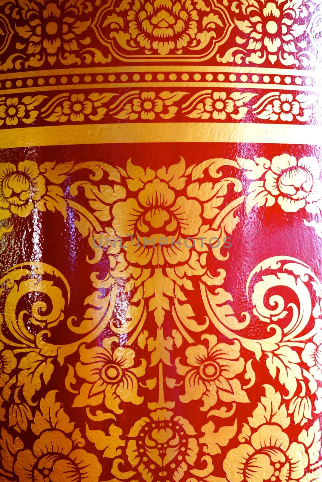 various of thai patterns on temple wall and pillars that  usually present in red,black and gold colour