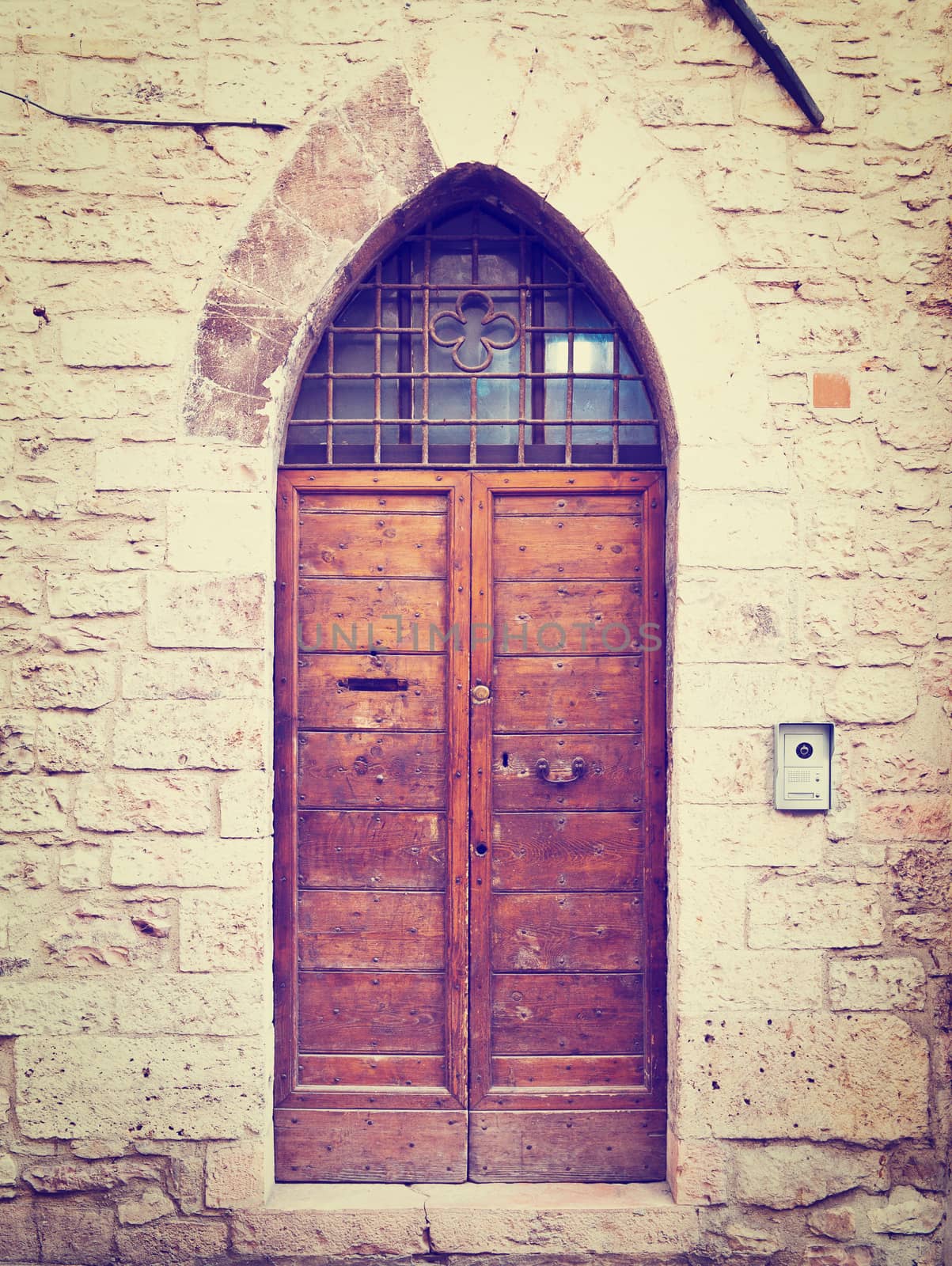 Wooden Ancient Italian Door in Historic Center, Instagram Effect