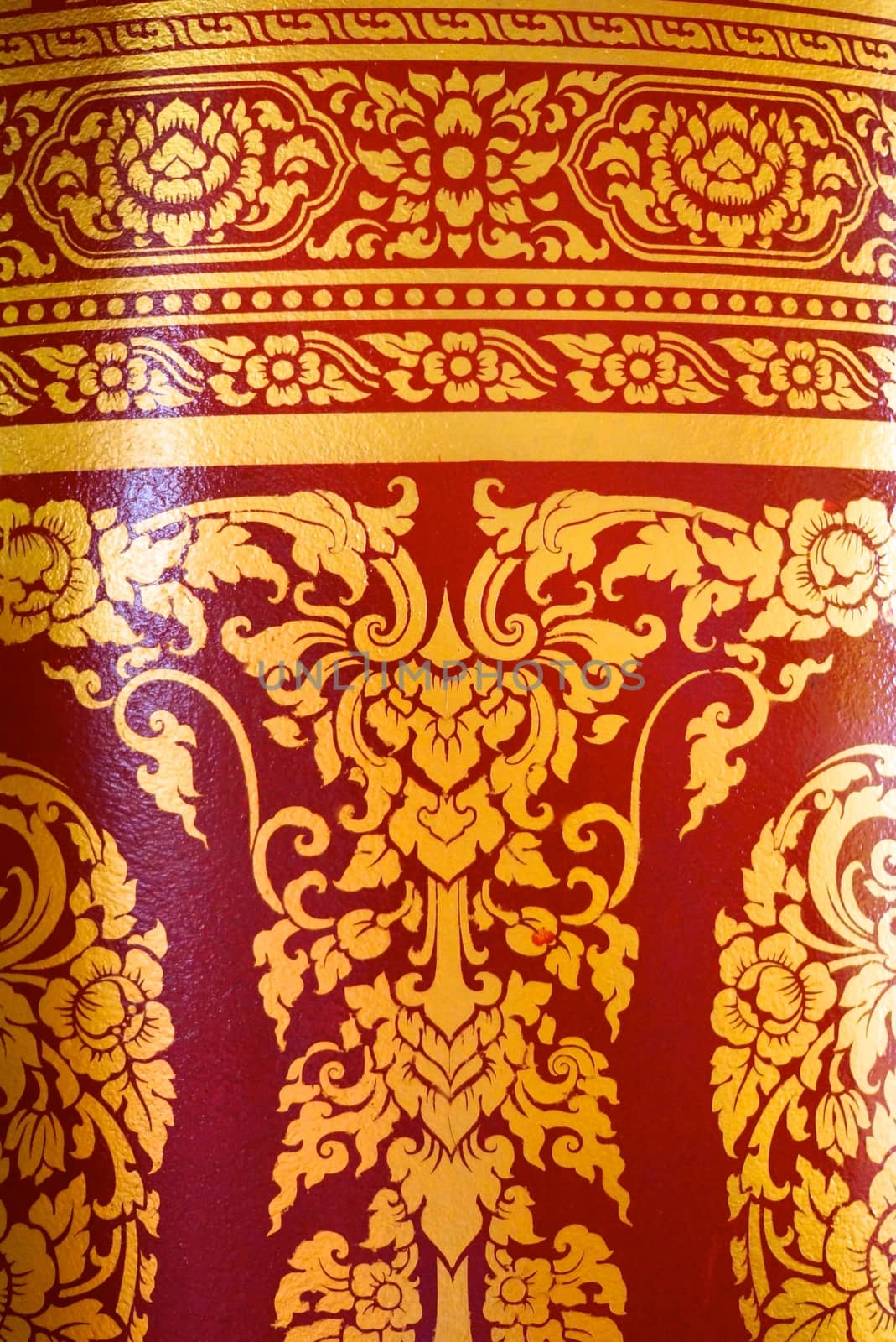 various of thai patterns on temple wall and pillars that  usually present in red,black and gold colour