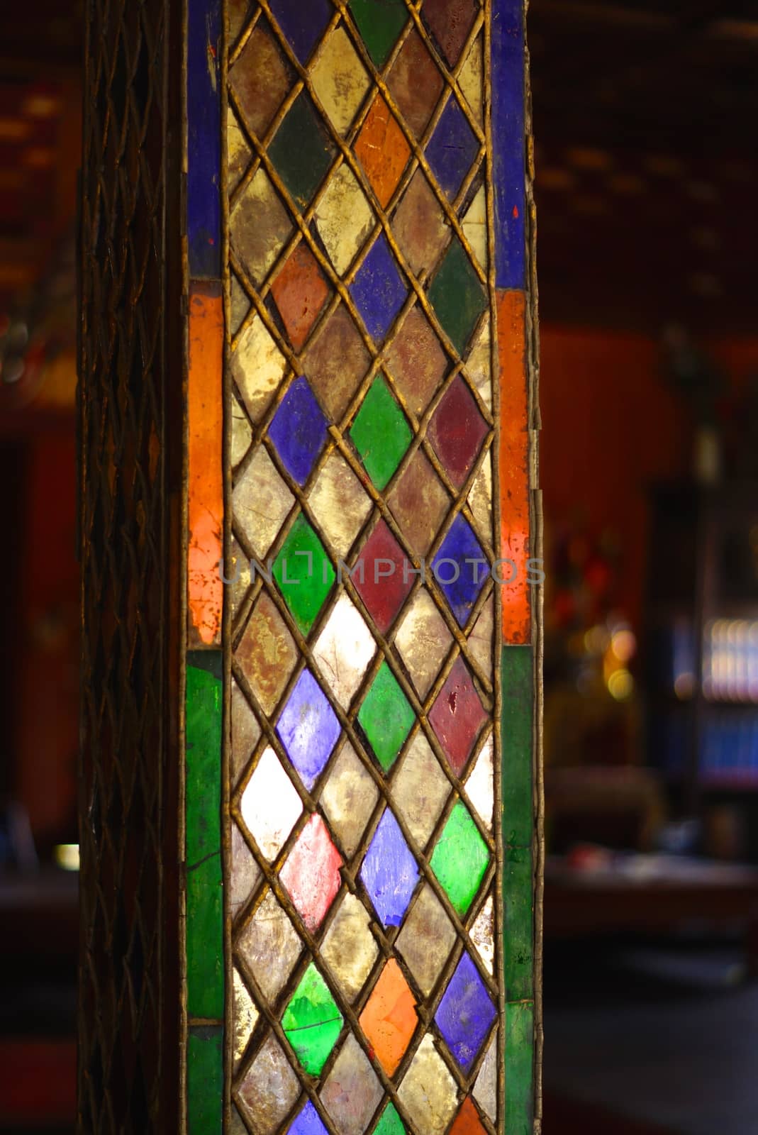 the detail of ancient thai decorated pattern that include handcraft wood carving work,gold painting and decorated with gold plate,mirror and precious stone,Lampang temple,Thailand