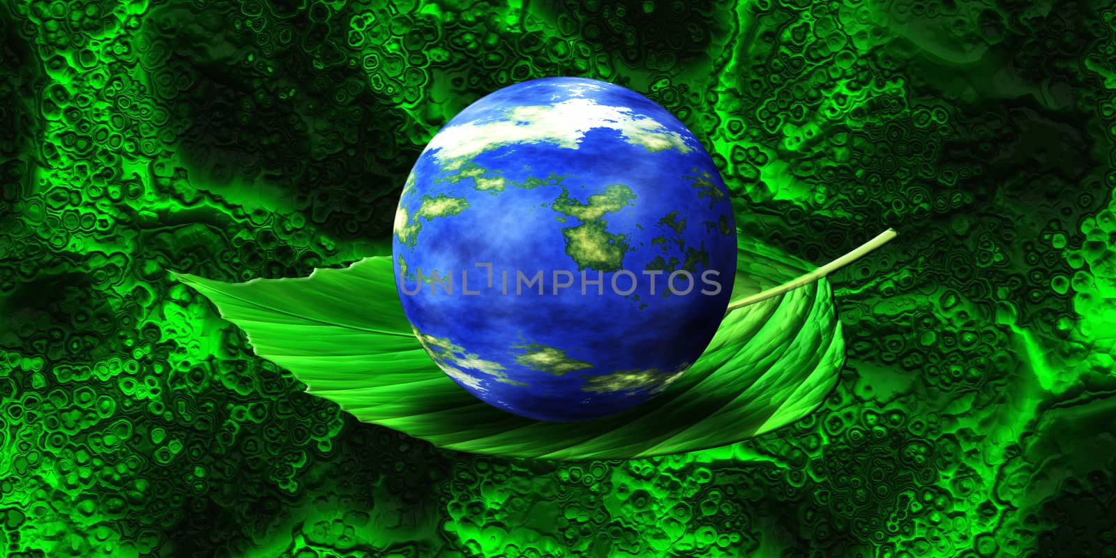 An ecological image showing a planet in a leaf at green background