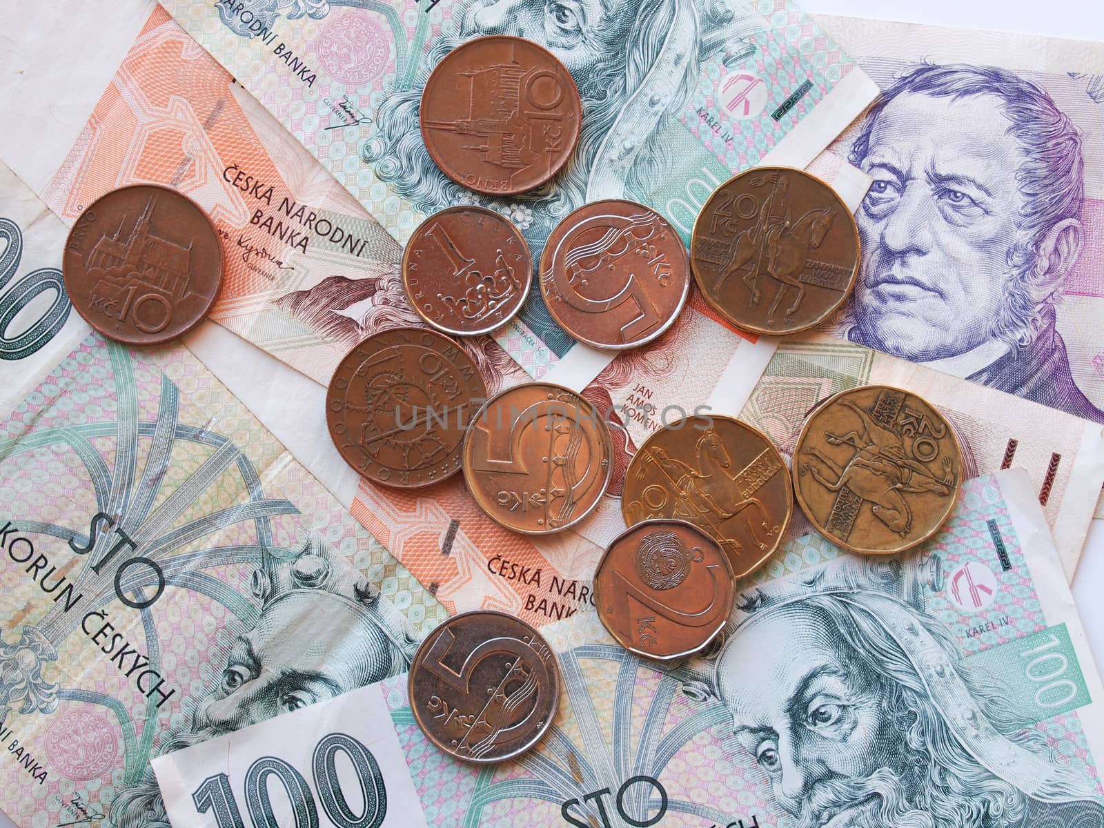 Czech currency (CZK) banknotes and coins useful as a background 