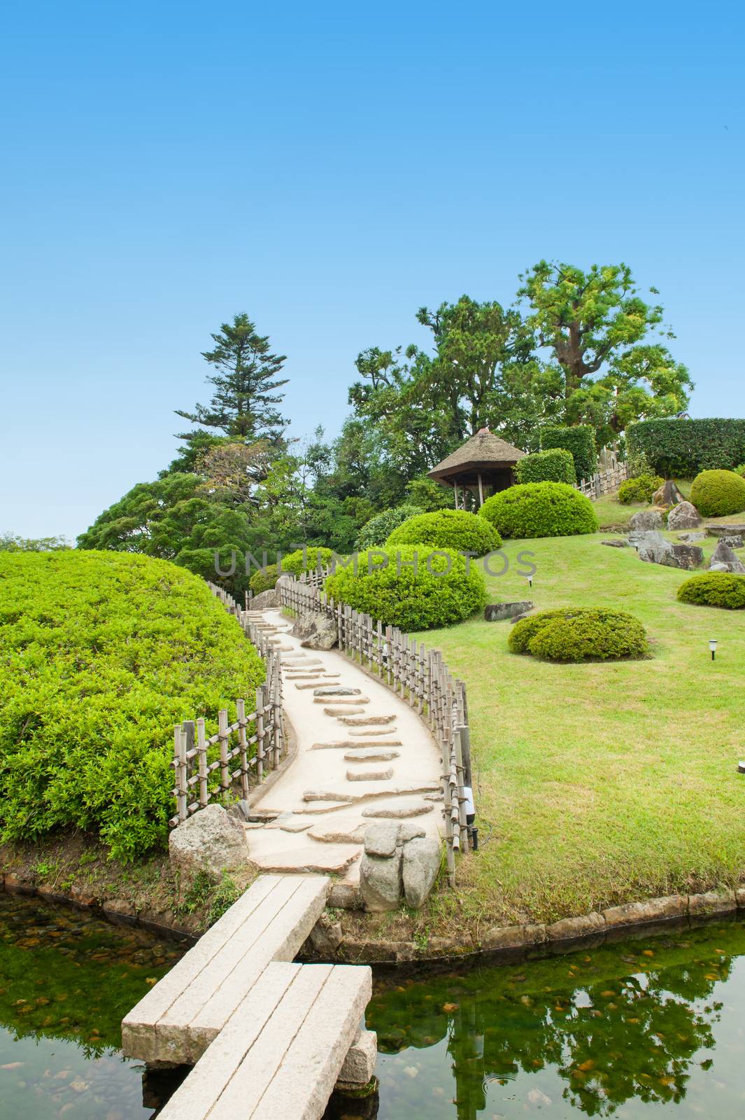 Zen wooden path in a Japanese Garden