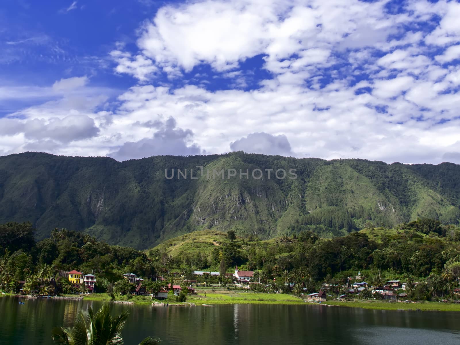 View from Tuk-Tuk Village to Ambarita Church. Lake Toba, Indonesia.