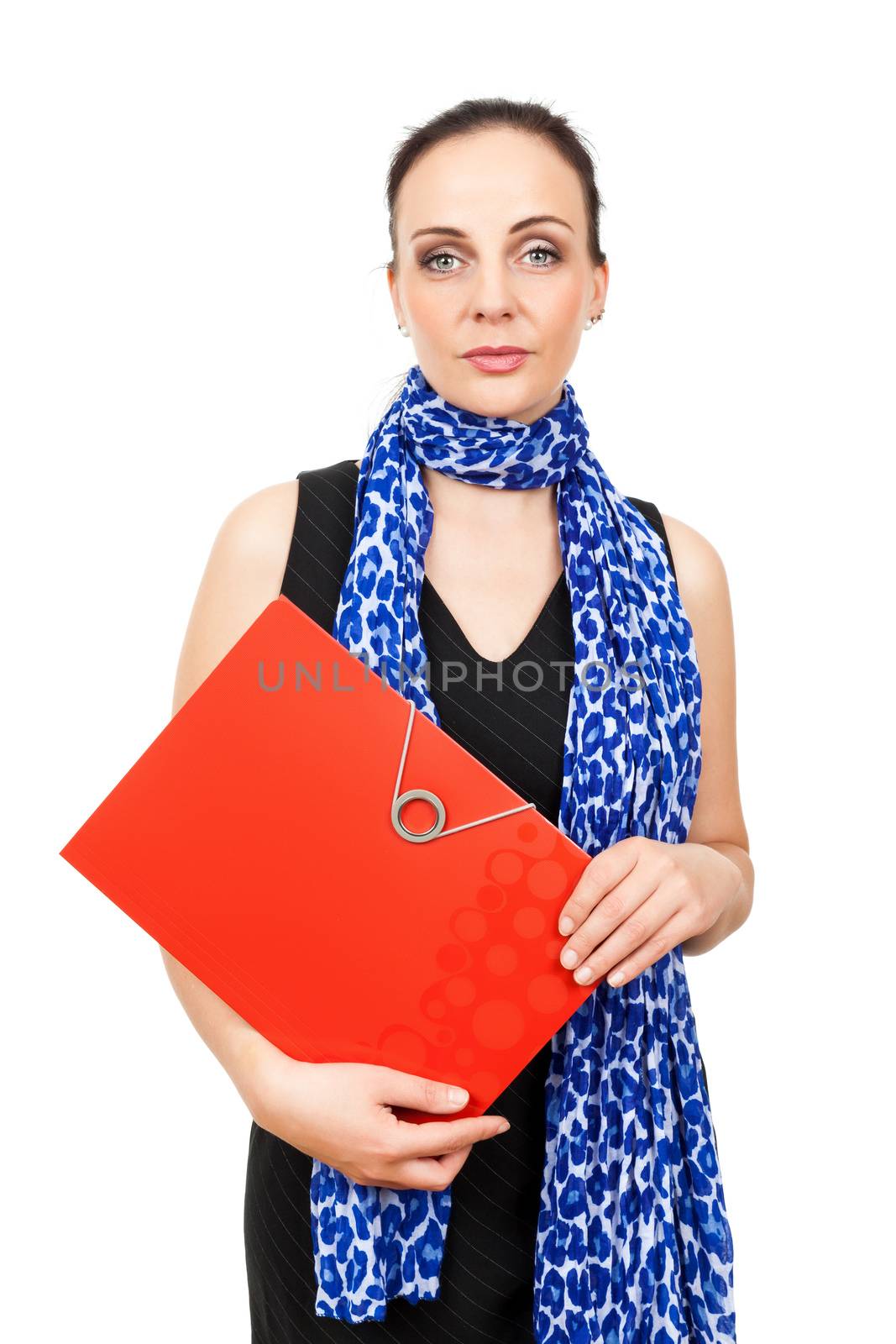 An image of a business woman with a red binder