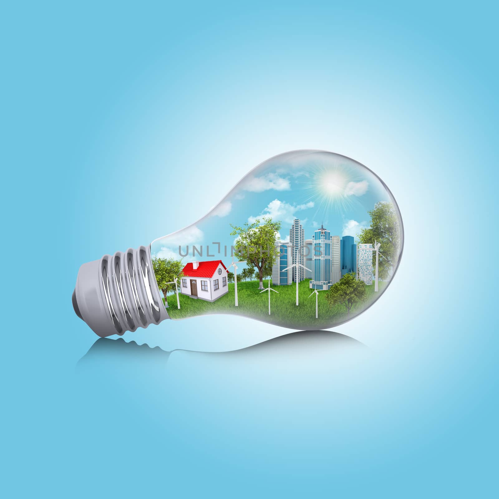 Skyscrapers and house in the light bulb. Business concept