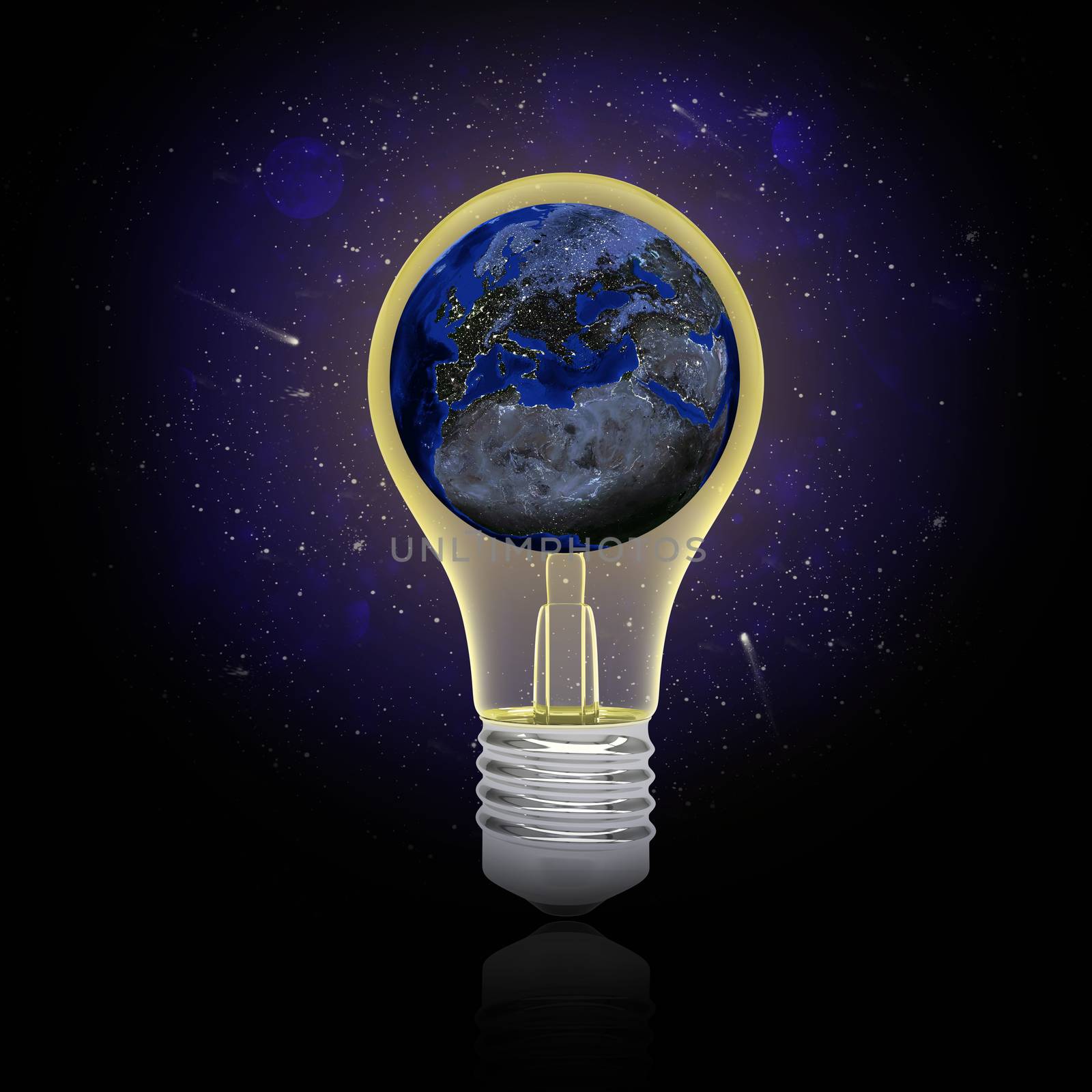 Earth inside the bulb. Concept Earth's electricity. Elements of this image are furnished by NASA